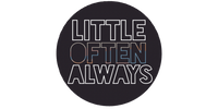 Circular logo with 'LITTLE OFTEN ALWAYS' text on a black background